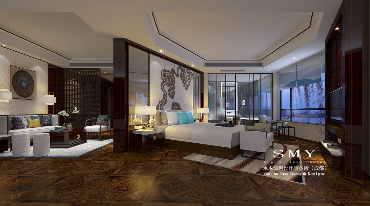 商務(wù)酒店套房整體的一個布局，客房設(shè)計效果項目案例圖